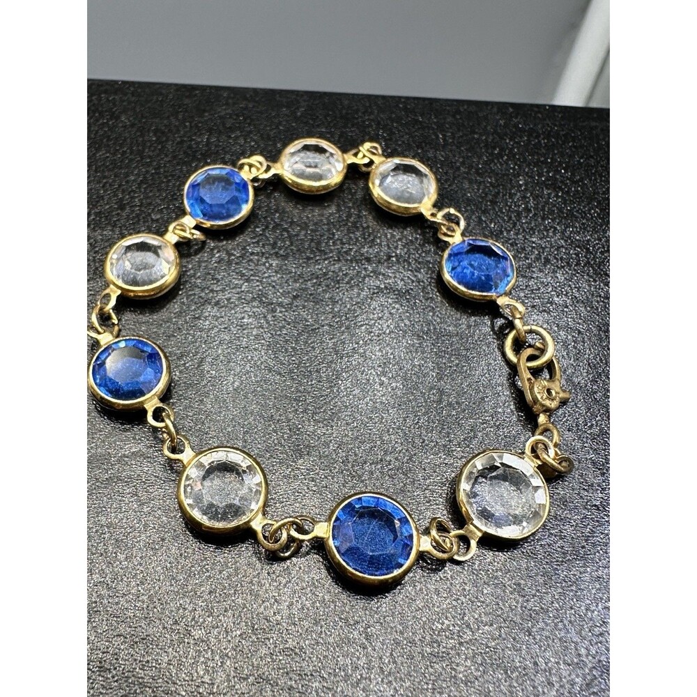 Vintage Monet Bezel Set Austrian Crystal Bracelet Sapphire Blue Clear Glass 6.25